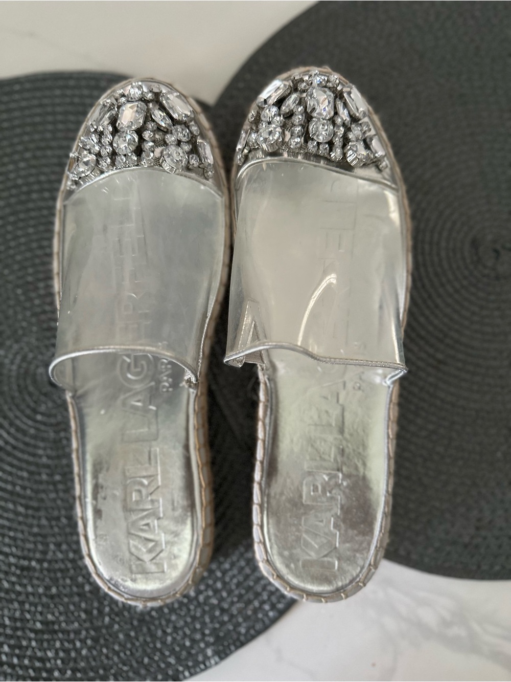 Karl Lagerfeld Silver Crystal-Embellished Clear Slip-On Mules
